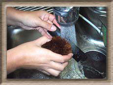 竹炭をたわしでよく水洗いをします